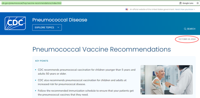 Partial screenshot of the CDC's Pneumococcal Vaccine Recommendations web page. Today's date is October 24, 2024, and the page shows a date of October 26, 2024.