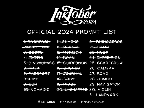 Inktober 2024 prompt list with days 1-24 crossed off.
