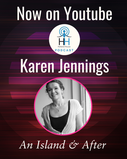 Photo of author Karen Jennings in a round frame against a variegated purple background; above, the Holland House Podcast logo