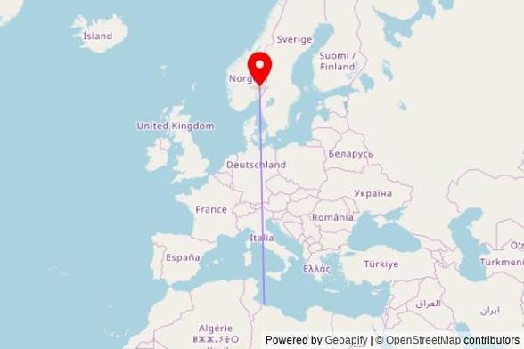 A map showing the great circle route from Zuara in Libya to a map pin at Eidsvoll kirke, Eidsvollbakken, 2080 Eidsvoll, Norway