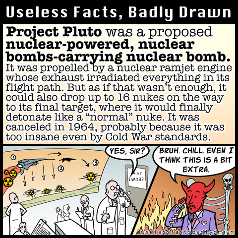Project Pluto was a proposed nuclear powered, nuclear bombs-carrying nuclear bomb.
It was propelled by a nuclear ramjet engine whose exhaust irradiated everything in its flight path. But as if that wasn't enough, it could also drop up to 16 nukes on the way to its final target, where it would finally detonate like a "normal" nuke. It was canceled in 1964, probably because it was too insane even by Cold War standards.