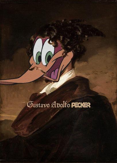 El famoso retrato de Gustavo Adolfo Becker por Valeriano Domínguez Bécquer, pero la cara ha sido convincentemente reemplazada por la cara de El Pájaro Loco (originalmente Woody Wood Pecker), y el texto dice "Gustavo Adolfo Pecker". Y además, la firma del autor de esta tontería, @GabiFromEnon, está arteramente oculta en un lugar estratégico del diseño.