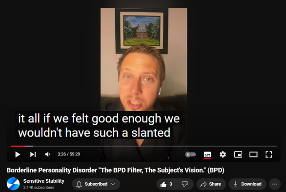 https://www.youtube.com/watch?v=7Vc7WbpJwJU
Borderline Personality Disorder "The BPD Filter, The Subject's Vision." (BPD)
46 views  24 Oct 2024
In this episode of the BPD Live Show with Sensitive Stability, host Kevin Reynolds discusses the topic "The BPD Filter, The Subject's Vision." Mislabeled in trends as BPD eyes, how does the BPD person see the world? As a BPD survivor himself, Kevin provides insights into his process of coaching clients through BPD, emphasizing the importance of personal connections and understanding individual stories.