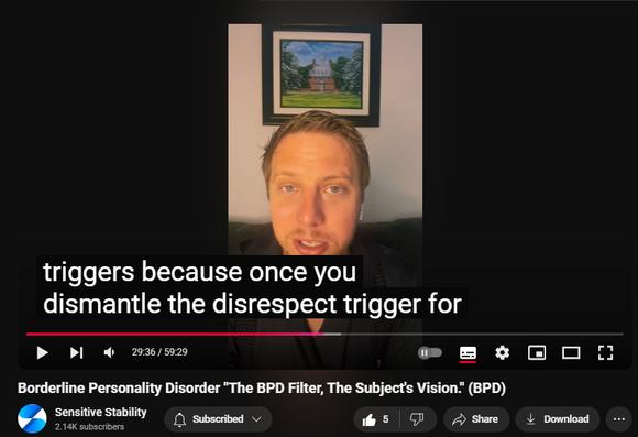 https://www.youtube.com/watch?v=7Vc7WbpJwJU
Borderline Personality Disorder "The BPD Filter, The Subject's Vision." (BPD)
 
 views  
24 Oct 2024
In this episode of the BPD Live Show with Sensitive Stability, host Kevin Reynolds discusses the topic "The BPD Filter, The Subject's Vision." Mislabeled in trends as BPD eyes, how does the BPD person see the world? As a BPD survivor himself, Kevin provides insights into his process of coaching clients through BPD, emphasizing the importance of personal connections and understanding individual stories.