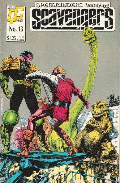 The front cover of Spellbinders featuring Scavengers No 13 for December 1987, with cover art by Bart Sears showing a mashup of Judge Dredd and Flesh, the two stories from this issue.