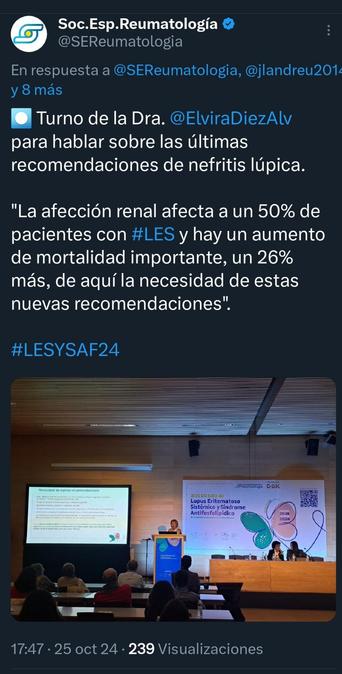 Captura de pantalla X. Foto curso de lupus eritematoso sistemico y Síndrome Antifosfolidico. Tuit de la Sociedad Española de Reumatología