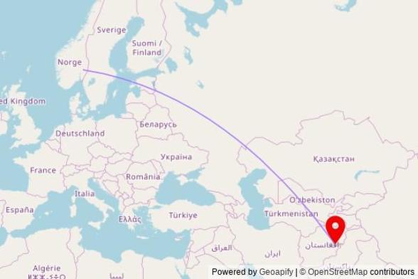 A map showing the great circle route from Eidsvoll in Norway to a map pin at دلوګرولایت جامع جومات, Kabul / Gardez Highway, Pul-i-Alam, Afghanistan