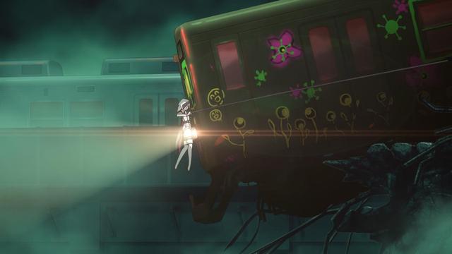Chick in white stopping a graffitied up train as it tries to go off a cliff by holding cords on either side.