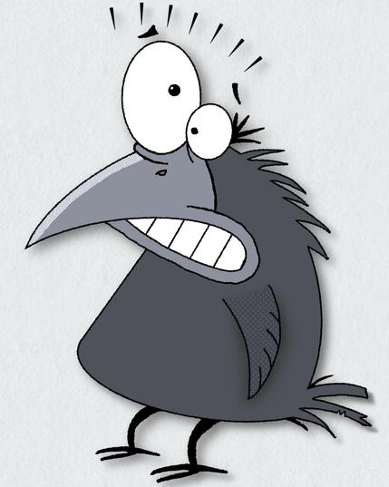 A cartoon drawing of a bird that appears to be a crow with a frightened expression.
