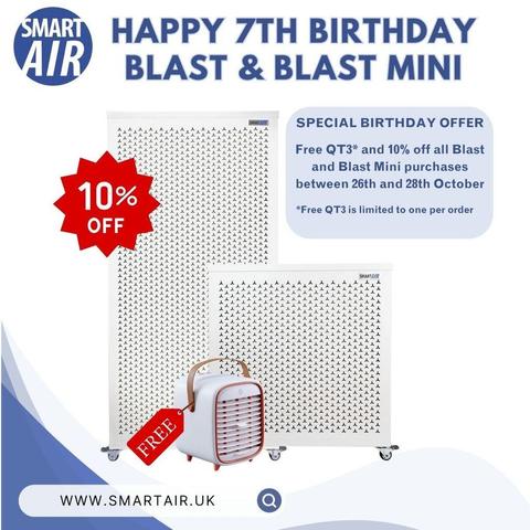 Promotional image for Blast and Blast Mini air purifiers’ 7th birthday, offering a free QT3 and 10% off on all Blast and Blast Mini purchases from 26-28 October.