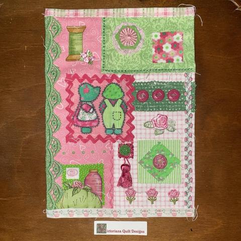 Green and pink fabric collage. 