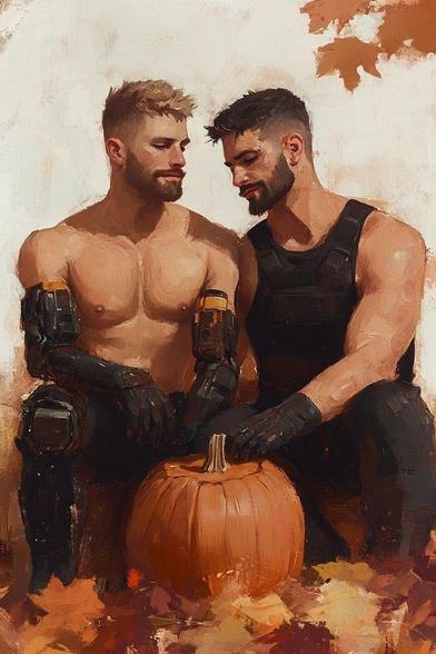 Two men sitting closely together, sharing a quiet, intimate moment. They are surrounded by warm autumn leaves, and a large orange pumpkin sits in front of them, enhancing the seasonal feel.

The man on the left is shirtless, with a short beard, and light brown hair styled in a rugged, tousled cut. His arms are fitted with futuristic, mechanical prosthetics, giving him a cybernetic look. The man on the right, dressed in a dark sleeveless tactical vest, has a well-groomed beard and short dark hair. He gently leans toward the other man, his expression soft and affectionate, while his gloved hands rest on the pumpkin.