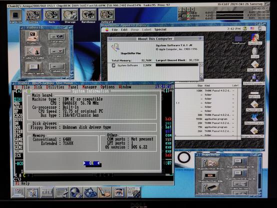 Screenshot of a customized AmigaOS 3.1 Workbench, running MacOS 7.6.1 in the Mac VM Shapeshifter, and showing the image of the 486 PC Card built into the system in my own app Viaduct.