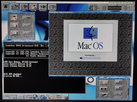 Dual boot, reimagined. Screenshot of a customized AmigaOS 3.1 Workbench, showing classic MacOS and and MS-DOS booting at the same time in two different windows.