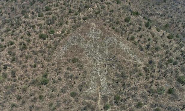 Vista de pájaro de un cerro con una figura humanoide con alas y cabeza de ave.