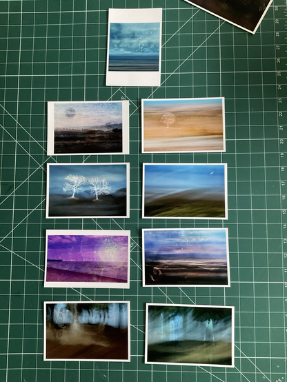 Several small printed pictures, from my mystical landscapes series. A mix of movement, textures, and layered effects drawing from South Downs landscapes.