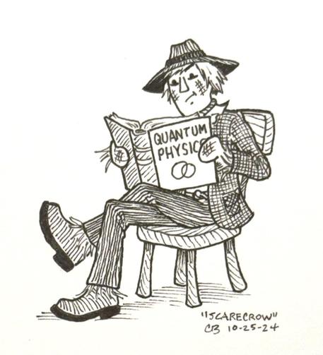 Ink drawing of the scarecrow from the Wizard of Oz sitting on a wooden chair and reading a book on quantum physics.