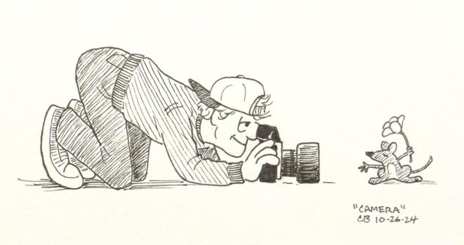 Ink drawing of a guy with a camera crouched low on his knees and elbows getting a shot of a mouse. The mouse is holding a flower and posing for the camera.