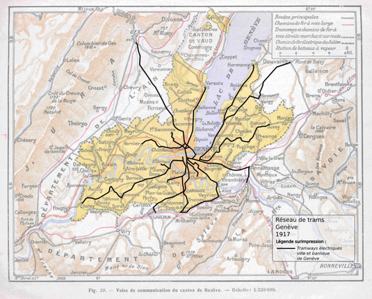 Voies de communications du canton de Genève – 1917 avec les lignes de Tramway en noir