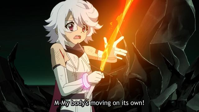 Image of Shy, a white clad white haired flat chick with white goggles/sunglasses and red eyes, holding a katana with a flaming blade and white tsuka. She looks surprised as her subtitles read:
M-my body's moving on it's own!