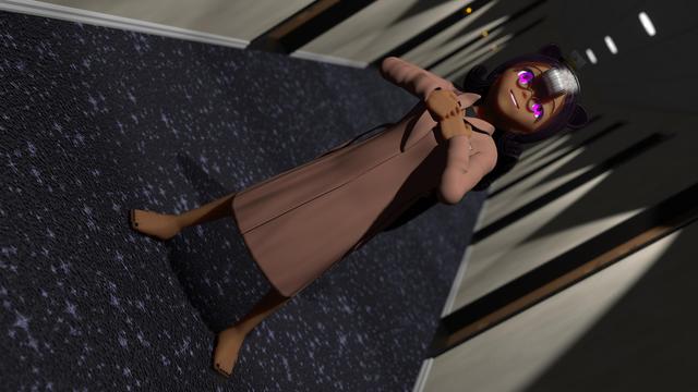 Tocsin standing in a generic hotel hallway wearing a trench coat and transparent sandals. Her hands grip the inner flaps of her coat.