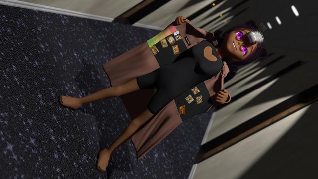 Tocsin standing in a generic hotel hallway wearing a trench coat and transparent sandals.  She's pulled her hands to the side, opening the coat wide. Inside is a tier list ranking of various anime foods.