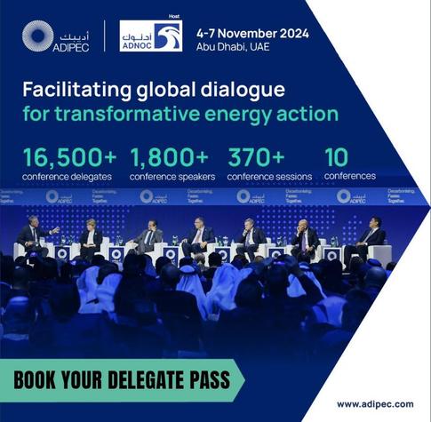 The image promotes ADIPEC 2024, hosted by ADNOC, taking place from November 4-7, 2024, in Abu Dhabi, UAE. The event aims to facilitate global dialogue for transformative energy action. Highlights include 16,500+ delegates, 1,800+ speakers, 370+ sessions, and 10 conferences. The image features a panel of industry leaders engaging in discussion, encouraging attendees to book their delegate passes. The event emphasizes energy transition and collaboration. Website: www.adipec.com. @HaroldSinnott