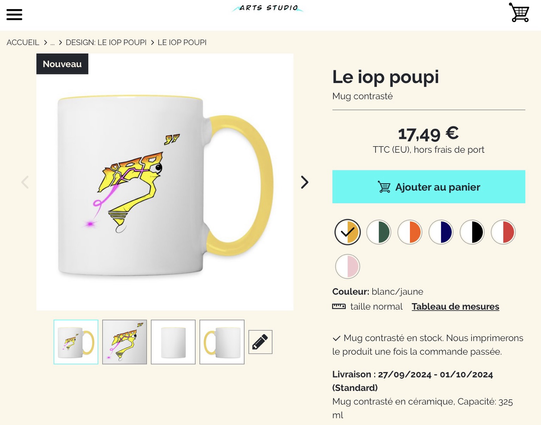 Le même design  mais cette fois en couleur degradé orange et jaune sur un mug a la poignée jaune