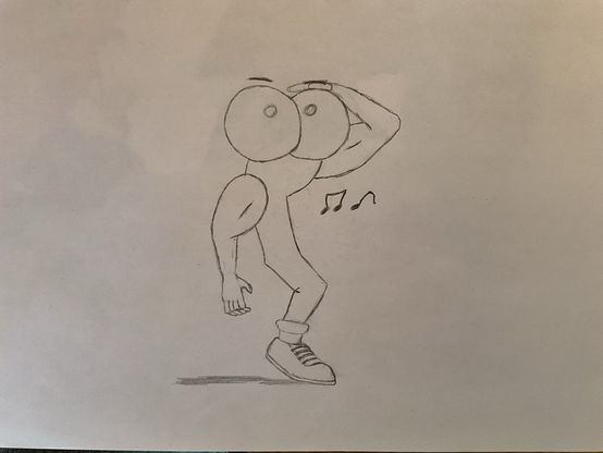 une sorte de vers de terre portant une chaussure avec de gros bras sifflant en se tenant la tête dessné sur une feuille de papier