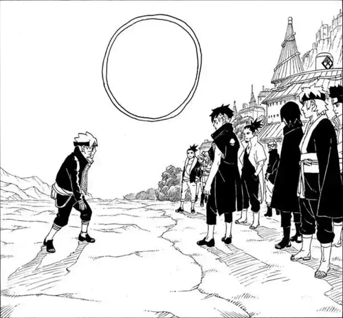 Boruto and Kawaki switching places from the manga series Boruto: Naruto Next Generations Chapter 79.