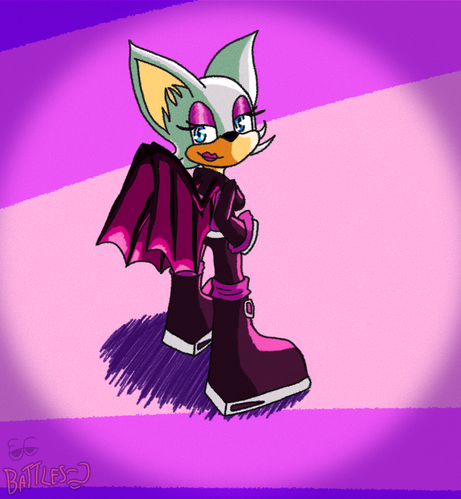 Poorly drawn picture of Rouge the Bat's Sonic Heroes design, back facing the viewer as she looks back.