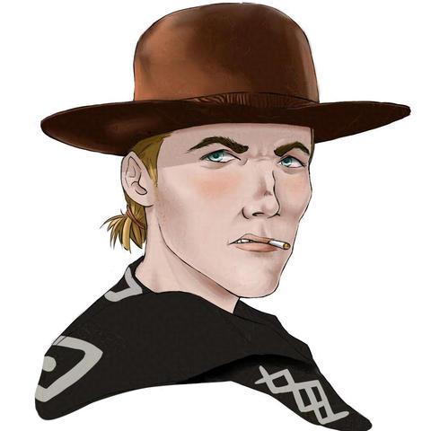 Ein blonder Junge, der angezogen ist und posiert wie Clint Eastwood. Er trägt einen braunen Cowboyhut und einen dunkelgrauen Poncho mit hellgrauem großem Rautenmuster darauf. Seine Haare sind zu einem kleinen Pferdeschwanz nach hinten gebunden. Seine leicht geröteten Augen schauen ins off, während er die Stirn tief in Falten gelegt hat. Seine Nase sieht aus als wäre sie mindestens einmal gebrochen gewesen. Er fletscht leicht die Zähne, während eine glimmende Zigarette in seinem Mund steckt.

A blonde boy dressed and posing like Clint Eastwood. He's wearing a brown cowboy hat and a dark grey poncho with light grey square patterns on it. His slightly longer hair is tied into a small ponytail. He's grimmacing with a frown on his face. His nose looks as if it's been broken at some point. He has a cigarette between his lips.  