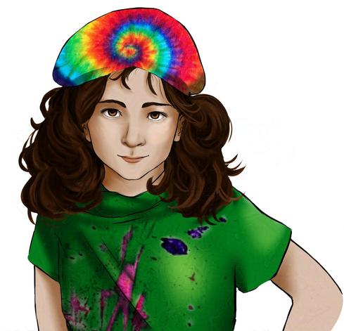 Ein Mädchen, das sich offensichtlich für Kunst interessiert. Unter ihrer bunten  Batikmütze steckt ein dunkelbrauner Lockenkopf. Sie trägt außerdem ein grünes T-Shirt mit vielen großen Farbflecken darauf. Sie sieht selbstsicher und einem leichten Lächeln auf den Lippen in die Kamera. Ihre Augen sind braun.

An artsy girl with a batik hat on a mess of curly dark brown hair. She's wearing a green shirt with blurs of paint on it. She's directly looking at the camera with her brown eyes. She's smiling slightly.