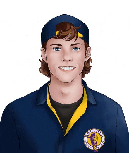 Ein sportlicher Junge in seiner blau-gelben Schuluniform, die das Logo der Boulder Panthers zeigt. Er trägt eine Kappe mit dem Schild nach hinten, so dass seine braunen, lockigen Haare, die zu einem Vokuhila geschnitten sind an der Stirn und am Nacken herausspitzen. Er grinst breit in die Kamera. Seine Augen sind blau.

A Jock in his blue and yellow school uniform. The boy is wearing a cap with the shield turned to the backside of his head. His brown curly mullet can be seen on his forehead and his neck. He's looking directly at the camera with a broad grin on his face. His eyes are blue. On his jacket is the logo of the Boulder Panthers.