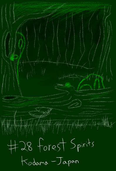 A deep green background with white line art on the pencil setting. Setting is a forest, with deepening greens to blacks in the background to imply depth, and bright green at the top for leaves. There are two prominent trees - one on the left and one laying on the ground with moss and mushrooms growing on it, and both main trees have holes in them. There is grass growing all around. A tree in the background has a root sticking up. Bright green spirits are poking from behind the two main trees, holding onto them, and looking at the viewer with curiousity.