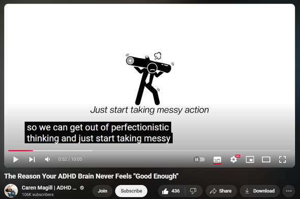 https://www.youtube.com/watch?v=igr_gbW0oSE
The Reason Your ADHD Brain Never Feels "Good Enough"


5,614 views  25 Oct 2024  #ADHD #ADHDTips #PersonalDevelopment
👉 Book:  The Gap + The Gain : https://amzn.to/3AcLX5i

As someone with ADHD, I was blown away by this non-ADHD book that perfectly addresses our struggles with perfectionism, fear of starting, and rejection sensitivity. In this video, I break down "The Gap and the Gain" by Ben Hardy and Dan Sullivan, explaining why it should be required reading for anyone with ADHD who battles with measuring up to impossible standards.
Learn how to shift from focusing on what you haven't accomplished (the gap) to appreciating how far you've come (the gain). I share my personal success metrics and explain how this mindset shift can help ADHDers overcome perfectionism and finally start taking action. If you're tired of feeling like you're never doing enough, this perspective could be game-changing for your ADHD journey.
#ADHD #ADHDTips #Perfectionism #PersonalDevelopment #ADHDLife