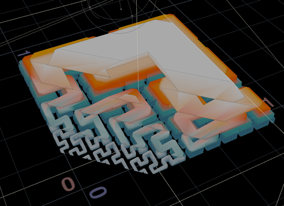 a 3D diagonal slice through stacked extruded hilbert curves of different orders, revealing a satisfying structure cross section