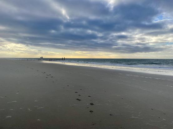 A beach foto: the sand is a dark brown, the sea grey and white, clouds  are dark grey, at the horizon is a golden light of the sun.