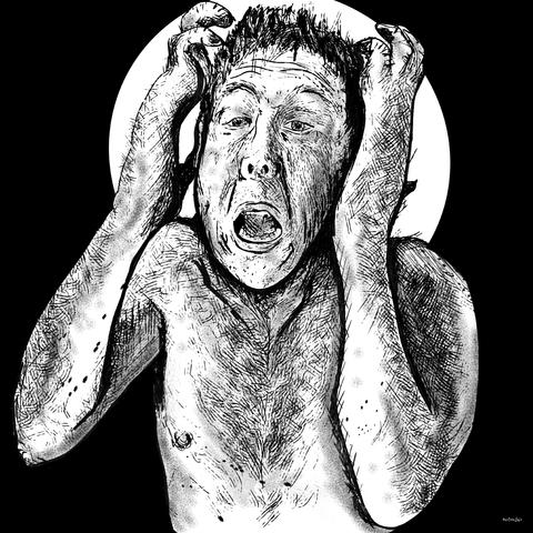 A drawing of a naked man with a pained expression whose hands are elongating like claws