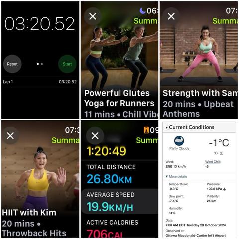 iOS screenshots:
1) Timer app showing 03:20.52

2) Apple Fitness Powerful Glutes Yoga for Runners, 11 minutes

3) Apple Fitness Strength with Sam, 20 minutes

4) Apple Fitness HIIT with Kim, 20 minutes

5) Apple Fitness Cycling Details
Total Time: 1:20:49
Total Distance: 26.8 KM
Average Speed: 19.8 KM?H

6) Environment Canada site showing -1°C, -5°C Windchill, 61% humidity, and 13 km/hr wind