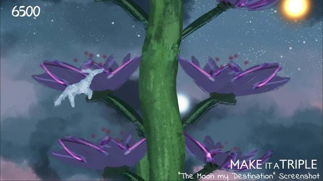 Screenshot of a white critter jumping on a giant flower stalk in front of a night sky. "The moon my destination" by Make it a Triple games studio.