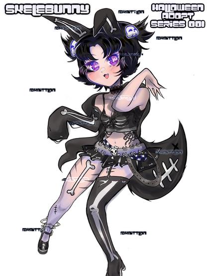Bunnygirl with skeleton Halloween theme, skulls as the hairties, skeleton Hoodie and socks. Adoptable art for sale.