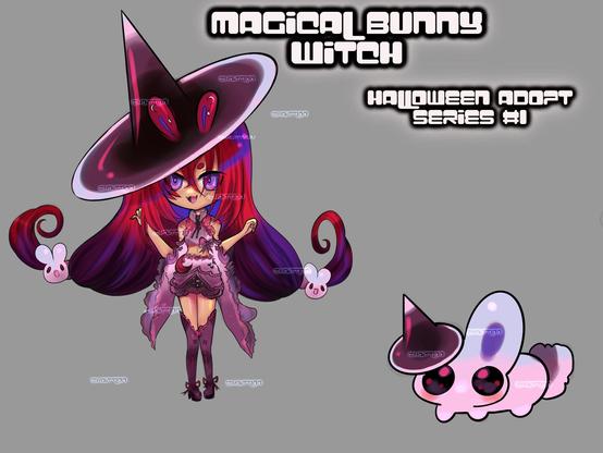 Anime Witch girl with Bunny ears, red hair and tanned skin with purple eyes. Part of my Halloween 2024 Adopt Series. Comes with pink and blue bunny mascot.