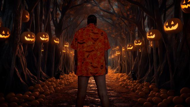 A pantless man wearing a Halloween shirt and walking down a forest trail lit by jack-o'-lanterns