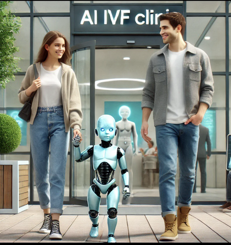 Couple taking baby robot home from the AI IVF clinic.