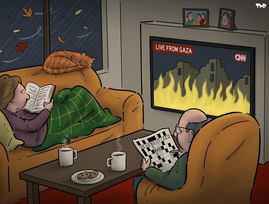 TV screen LIVE FROM GAZA - CNN 
A cat sleeps on couch as wind blows leaves against win Dow outside; a person reads a book with a blanket to keep warm and a cup of tea to drink and biscuits to eat.
Another person sits doing a crossword with DESENSITIZED WAR NEWS spelled out.
