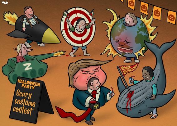 Halloween Party 
Scary Costume Contest

An incoming missile
A Human target
A military tank 
A world on fire
A Trump zombie
A bloody whale harpooned by “mass extinction”