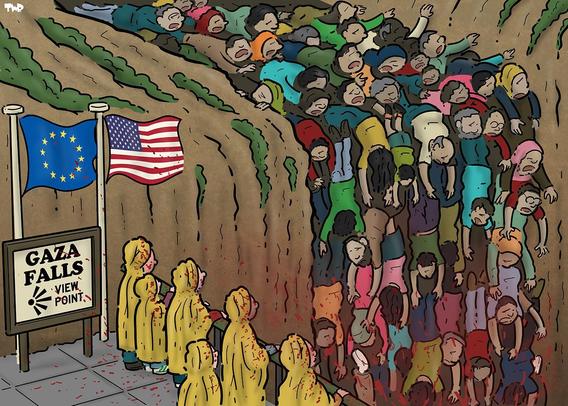 GAZA Falls view point
A European Union and USA flags flies over spectators at railing on edge of gorge as human bodies cascade over edge 