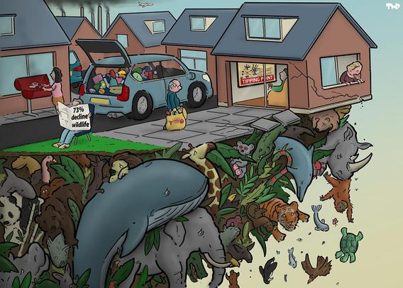 A large four wheel drive truck loaded with groceries arrives at a house which is tipping on edge of an abyss. 
A person carrying bags walks towards home. 
Inside a large TV screen shows TIPPING POINT. 
At a window a resident looks down on species piled up on each other dead and injured, endangered.
In the street on a lawn a newspaper is being read with headline “75% decline wildlife” while a neighbour bbqs meat.