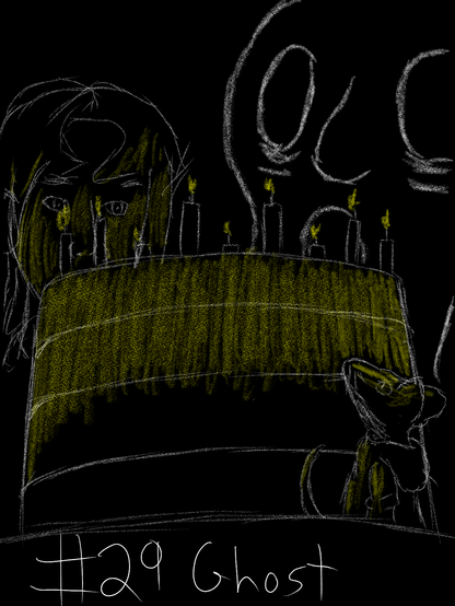 An upview sketch of a cake, with yellowish lighting. A mouse anthro in a hoodie is looking up at the cake, and follower Cam is looking at the cake. And a giant ghost with gaunt eyes is to the right, looking at all three